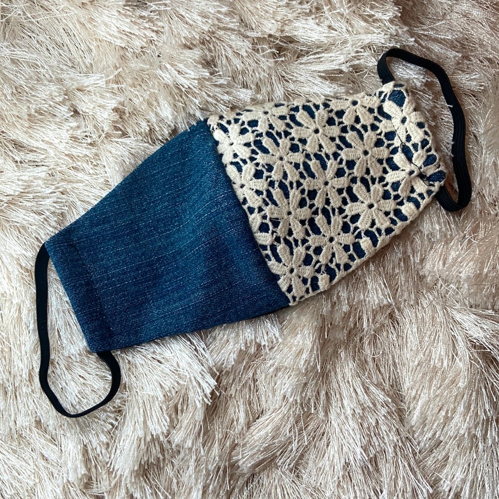 Hand Made Denim and crocheted lace overlay face mask, hand made, S